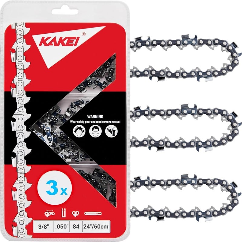 KAKEI Skiptooth 24 Inch Chainsaw Chain 3/8" Pitch .050" Gauge 84 Drive Links Fits Husqvarna 460 (Rancher), Stihl 33RS 84 25"/24" MS390 MS310 MS361 MS460 - H47S-84, 72EXJ084G (3 Chains) - Full Chisel - Image 1